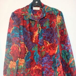 Adolph Schuman For Lilli Ann Botanical Vintage Button  Up Blouse Vibrant Floral